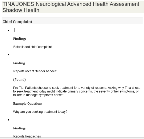 TINA JONES Neurological Advanced Health Assessment (Shadow Health)