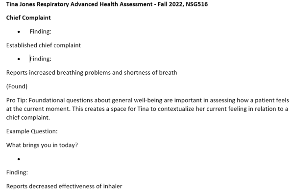 Tina Jones Respiratory Advanced Health Assessment